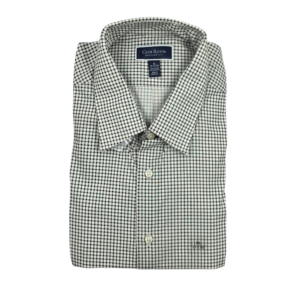 Club Room Mens Regular Fit Dress Shirt XL 17-17.5 Black White Check 100131555MN